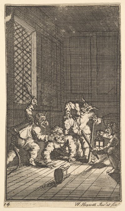 Hudibras katekiserede sytten små illustrationer til Samuel Butlers Hudibras, nr. 14, 1721-26. af William Hogarth