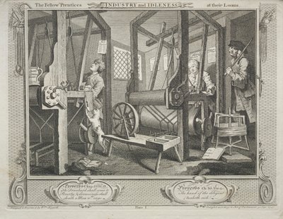 Industri og lediggang: The Fellow Prentices at their Looms af William Hogarth