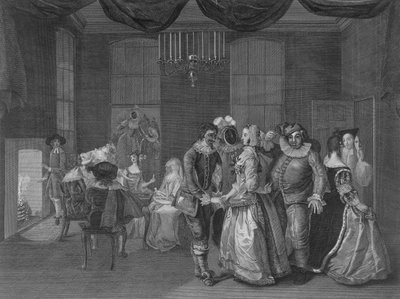 Indvendigt billede af Somerset House viser figurer klædt til en maskerade, 1805 af William Hogarth