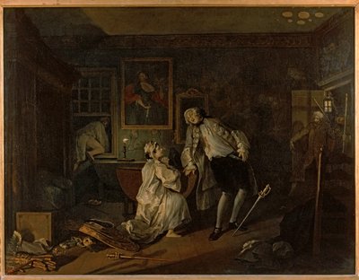 Ægteskab a la mode: 5. The Bagnio ... (olie på lærred) af William Hogarth