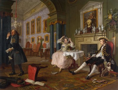 Ægteskab a la Mode: II - The Tete a Tete, ca. 1743 (olie på lærred) af William Hogarth