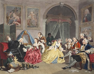 Ægteskab a la Mode, planche IV, Toiletten, illustration fra "Hogarth Restored: The Whole Works of the celebrated William Hogarth, re-engraved by Thomas Cook", pub. 1812 (håndkoloreret gravering) af William Hogarth