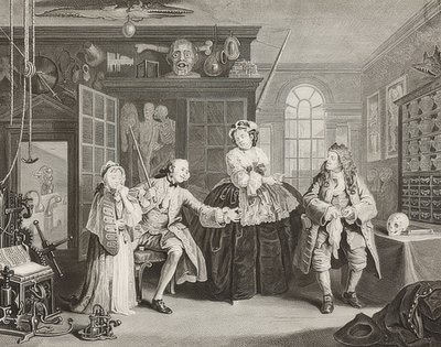 Ægteskab à la Mode / ægteskab efter mode. Blad 3: Inspektionen / Greven og Kvaksalveren. 1745 af William Hogarth