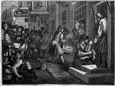 Plade fra en serie på 12 graveringer af William Hogarth (1697-1764), britisk illustrator, med titlen "Industry and Idleness", "Zele and laziness", der fortæller om karrieren for to lærlinge: Goodchilds bryllup med datteren af sin vævermester af William Hogarth