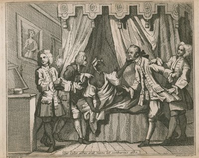 Han, der nu var en hvid farve, er det modsatte af hvid; Fire mænd konfronterer en sort kvinde i hendes soveværelse af William Hogarth
