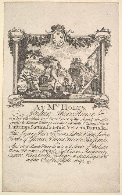 Butikskort til fru Holts italienske pakhus, 1720-72. af William Hogarth