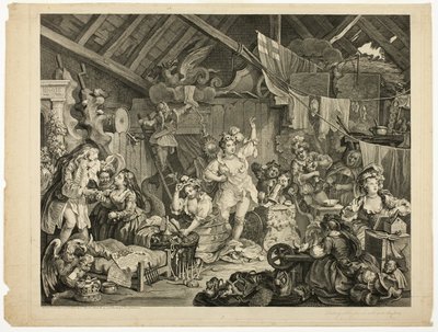 Spadserende skuespillerinder klæder sig i en lade af William Hogarth