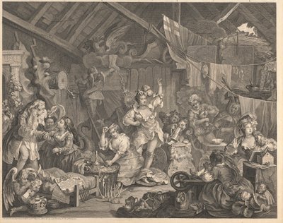 Spadserende skuespillerinder klæder sig i en lade af William Hogarth