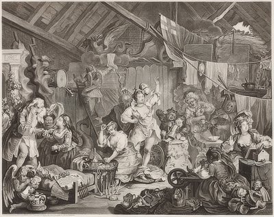 Spadserende skuespillerinder klæder sig i en lade. 1738 af William Hogarth