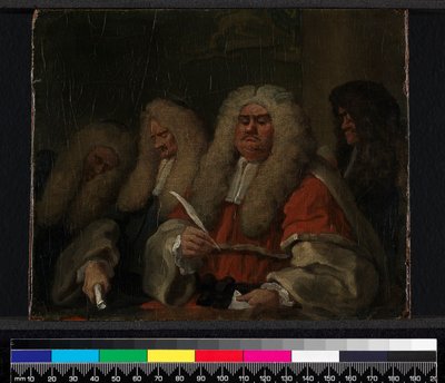 Bænken, 1753-54 (olie på lærred bagpå et panel) af William Hogarth