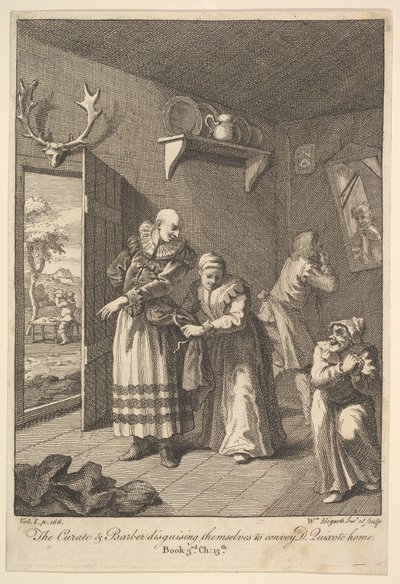 Kuraten og barberen forklæder sig selv for at formidle Don Quixote Home Six I..., 1756 eller senere. af William Hogarth
