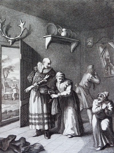 Kuraattori ja parturi naamioivat itsensä välittääkseen Don Quijoten kotiin. Kirjailija: William Hogarth af William Hogarth