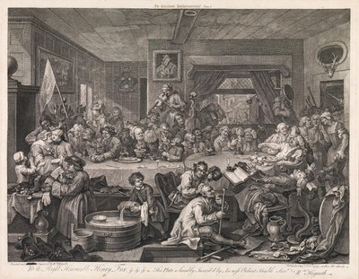 Valget, tavle 1: «Et valgfestmåltid» af William Hogarth