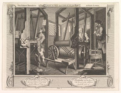 The Fellow Prentices at their Looms Industry and Idleness, plade 1, 30. september 1747. af William Hogarth