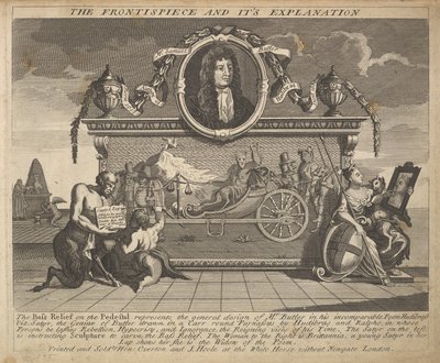 Frontispicen og dens forklaringsplade 1: Illustrationer til Samuel Butlers Hud..., 1725-30. af William Hogarth