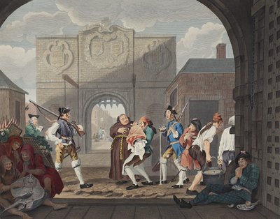 Porten fra Calais, eller O The Roast Beef of Old England, illustration fra "Hogarth Restored: The Whole Works of the celebrated William Hogarth, re-engraved by Thomas Cook", pub. 1812 (håndkoloreret en af William Hogarth