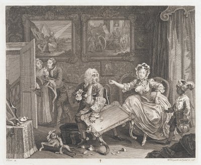Skøgen finder en beskytter, designet 1732, trykt 1744 (ætsning og gravering) af William Hogarth