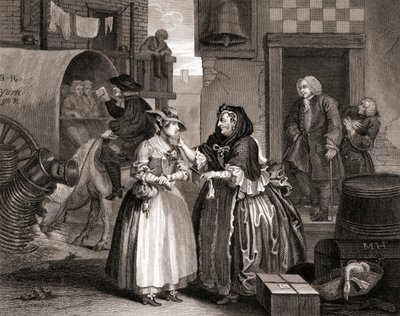The Harlots Progress fanget af en indkøber, fra The Works of Hogarth udgivet London 1833 (bw-gravering) af William Hogarth