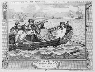 Den ubeskæftigede "Prentice, der blev sendt til søs", tavle V af "Industry and Idleness", 1747 af William Hogarth