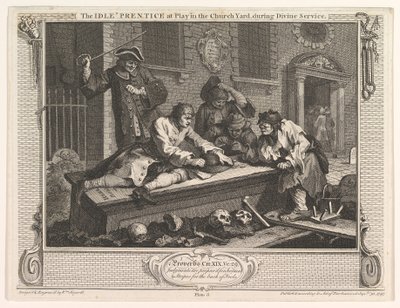 Der faule Lehrling beim Spielen auf dem Kirchhof Industrie und Faulheit, Tafel 3, 30. September 1747 von William Hogarth