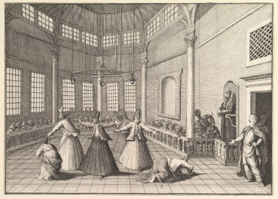Indersiden af en moské rejser dervisherne dansende Aubry de La Mottrayes gennem..., 1723-24. af William Hogarth