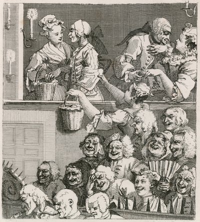 Det grinende publikum. Hogarths udsigt over Drury Lane med orange piger i 1733 af William Hogarth