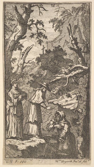The New Metamorphosis, Plade 7: The Cardinal, a Eremit and Donna Angela Holding Fantasio, 1724. af William Hogarth