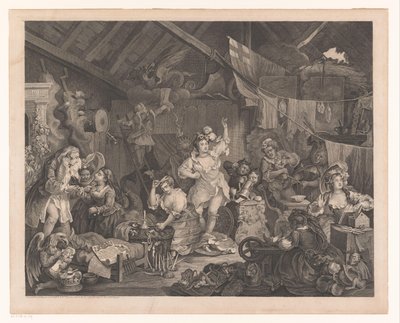 Udklædte skuespillerinder og børn i en lade Spadserende skuespillerinder klæder sig i en lade af William Hogarth