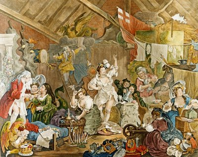 William Hogarthin "Kervelevät näyttelijät pukeutumassa navettaan" 1738 af William Hogarth