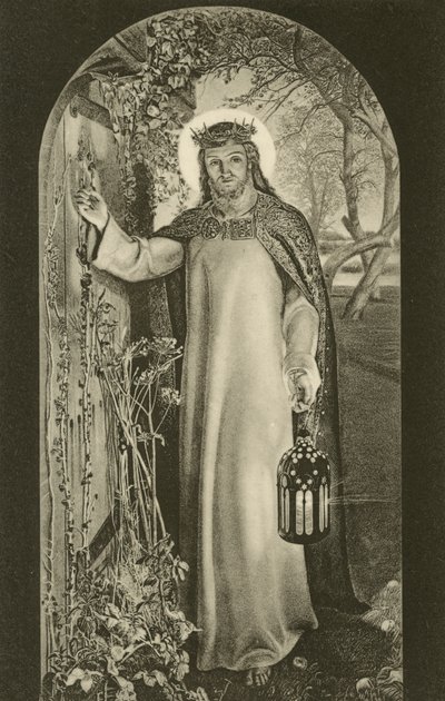 The Light of the World, maleri i Keble College, Oxford, Oxfordshire, der forestiller Kristus, der bærer en lanterne og banker på en dør (s/h foto) af William Holman (after) Hunt