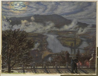 Udsigt fra terrasse af flodlandskab om natten The Terrace, Berne (titel på objekt) af William Holman Hunt