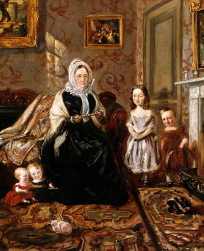 Gruppeportræt af Henry Clarks svigermor, fru Davies, og fire af hans børn i salen i hans hjem, 186 High Street, Homerton, ca. 1846 af William Holman Hunt