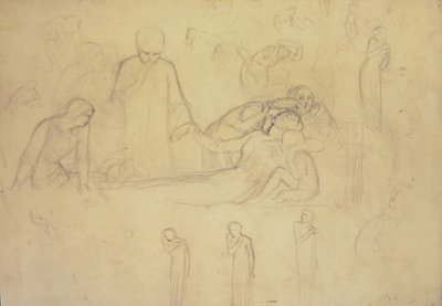 Undersøgelser for figurerne af lægen, sørgende og Minerva af William Holman Hunt