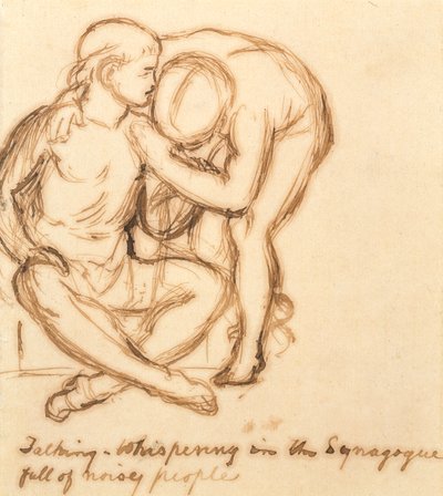 Talking- hvisken i en synagoge fuld af larmende mennesker (pen og sepia blæk på papir) af William Holman Hunt