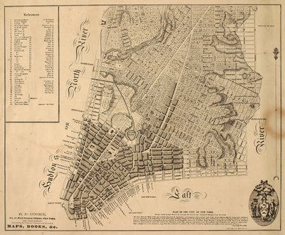 Plan over byen New York [så langt nordpå som East 31st Street], 1817 (sort blæk på papir, bagbeklædt med stof) af William Hooker