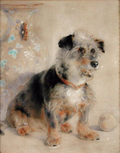 Terrier siddende foran en Canton Famille Rose Vase af William Huggins