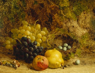 Druer, et æble, en pære og en fuglerede på en mosebred, 1865 af William Hughes
