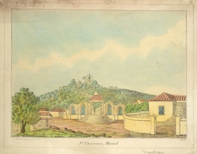 St Thomas-bjerget i Madras, ca. 1830 (farvet gravering) af William Hunsley