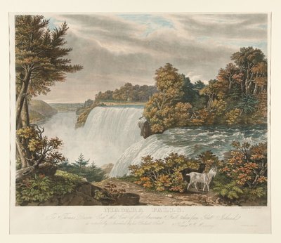 Niagaravandfaldene. Til Thomas Dixon Esq. er denne udsigt over American Fall, set fra Goat Island, ærbødigt tilegnet af William James Bennett