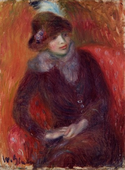 Siddende kvinde med pelshals og rød baggrund af William James Glackens