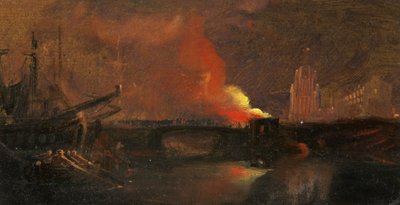 Bristol Riots: The Burning of the Toll-Houses on Prince Street Bridge with St Mary Redcliffe, ca. 1831 (olie på papir) af William James Muller