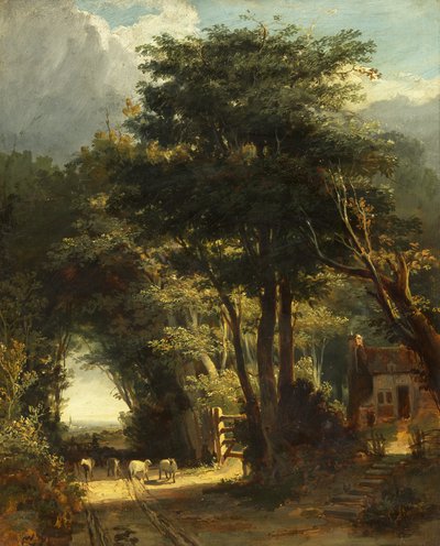 Landskab med Frenchay-kirken i det fjerne (olie på lærred) af William James Muller