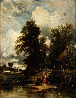 Mølledam med børn, der fisker af William James Muller