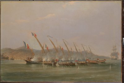 Kaptajn Robert Maunsell fanger franske kanonbåde ud for Java, juli 1811, ca. 1811 (olie på lærred) af William John Huggins