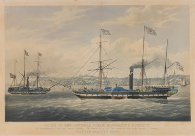 Skibe fra General Steam Navigation Company. Caledonia på 800 tons forlader Hamborg - Neptun på 800 tons sejler ind i Elben på vej til Hamborg med Hendes Majestæts post. af William John Huggins