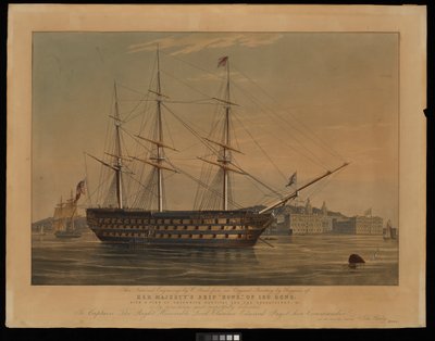 Dette nationale kobberstik af W Read efter et originalt maleri af Huggins af Hendes Majestæts skib Howe med 120 kanoner med udsigt til Greenwich Hospital og observatoriet osv. af William John Huggins