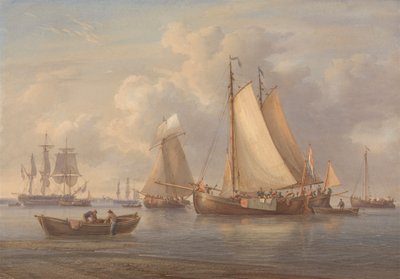 Hollandske fiskerbåde for anker i en flodmunding af William Joy