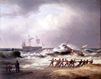 Redningsbåd på vej til et fartøj i nød (olie på lærred) af William Joy