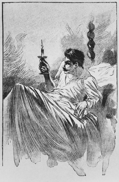 Fortælleren i sengen, illustration fra "Le Horla" af Guy de Maupassant (1850-93), graveret af Georges Lemoine, Paris, Editions Albin Michel, ca.1910 (træsnit) af William Julian Damazy