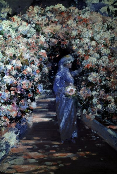 Bruden. En ung brud plukker blomster under en bue i en have. Maleri af William Kennedy (1859-1918, britisk) Privat samling af William Kennedy